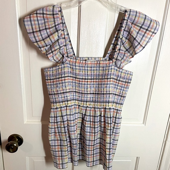 LOFT Plaid Stretchy Smocked Bodice Peplum Shell Fluttery Sleeves Sz XS - Picture 4 of 6